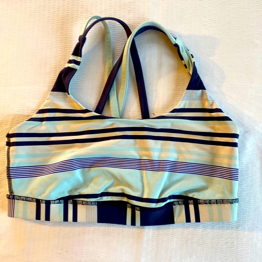 Lululemon navy/light blue striped sport bra. Size tag missing, fits 34C cup.